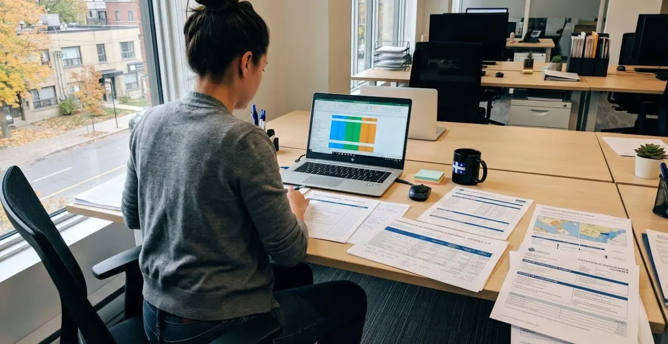 Personne vue de dos assise à un bureau contemporain, consultant des documents de planification d'événement et des soumissions d'assurance étalés, lumière naturelle de fenêtre