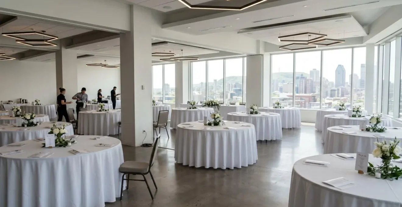 Salle d'événement contemporaine à Montréal avec tables rondes dressées, nappes blanches et éclairage moderne, prête à accueillir un mariage ou un événement corporatif
