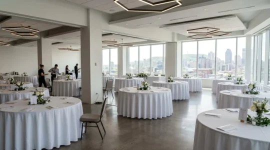 Salle d'événement contemporaine à Montréal avec tables rondes dressées, nappes blanches et éclairage moderne, prête à accueillir un mariage ou un événement corporatif