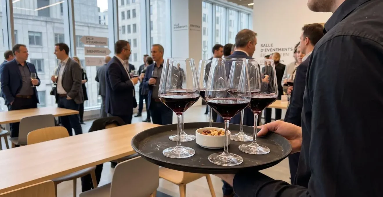 Verres de vin rouge remplis sur un plateau de service professionnel lors d'un événement, éclairage naturel latéral, détails nets sur toute la profondeur